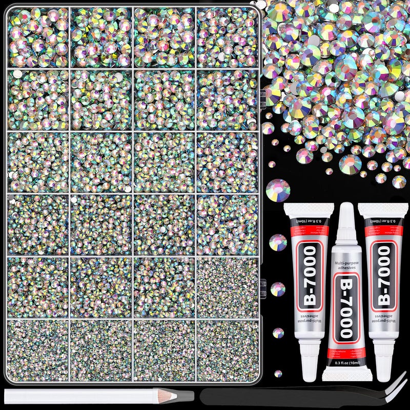 25000Pcs Resin Rhinestones with Tweezers for Bedazzling AB 26mm Mixed Sizes Crystal with 3Pcs 10ml B7000 Jewelry Glue for Crafting Clothing Tumblers Shoes Fabric Nail Art Makeup